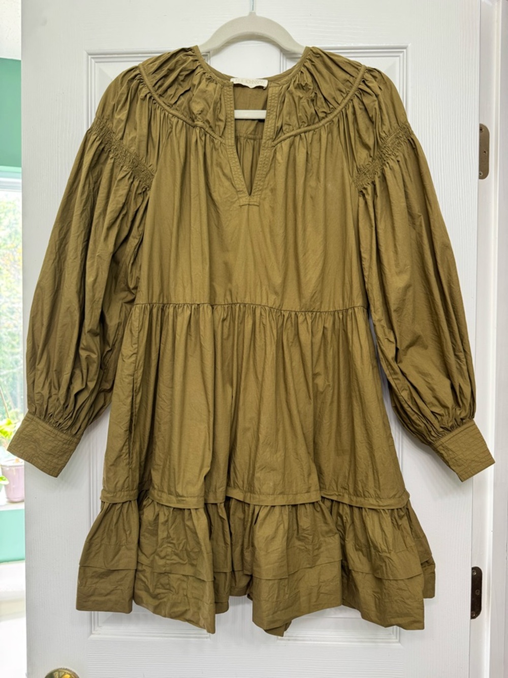 Ulla Johnson Rosa Dress Tiered Long Sleeve Mini Dress in Olive - Picture 9 of 9